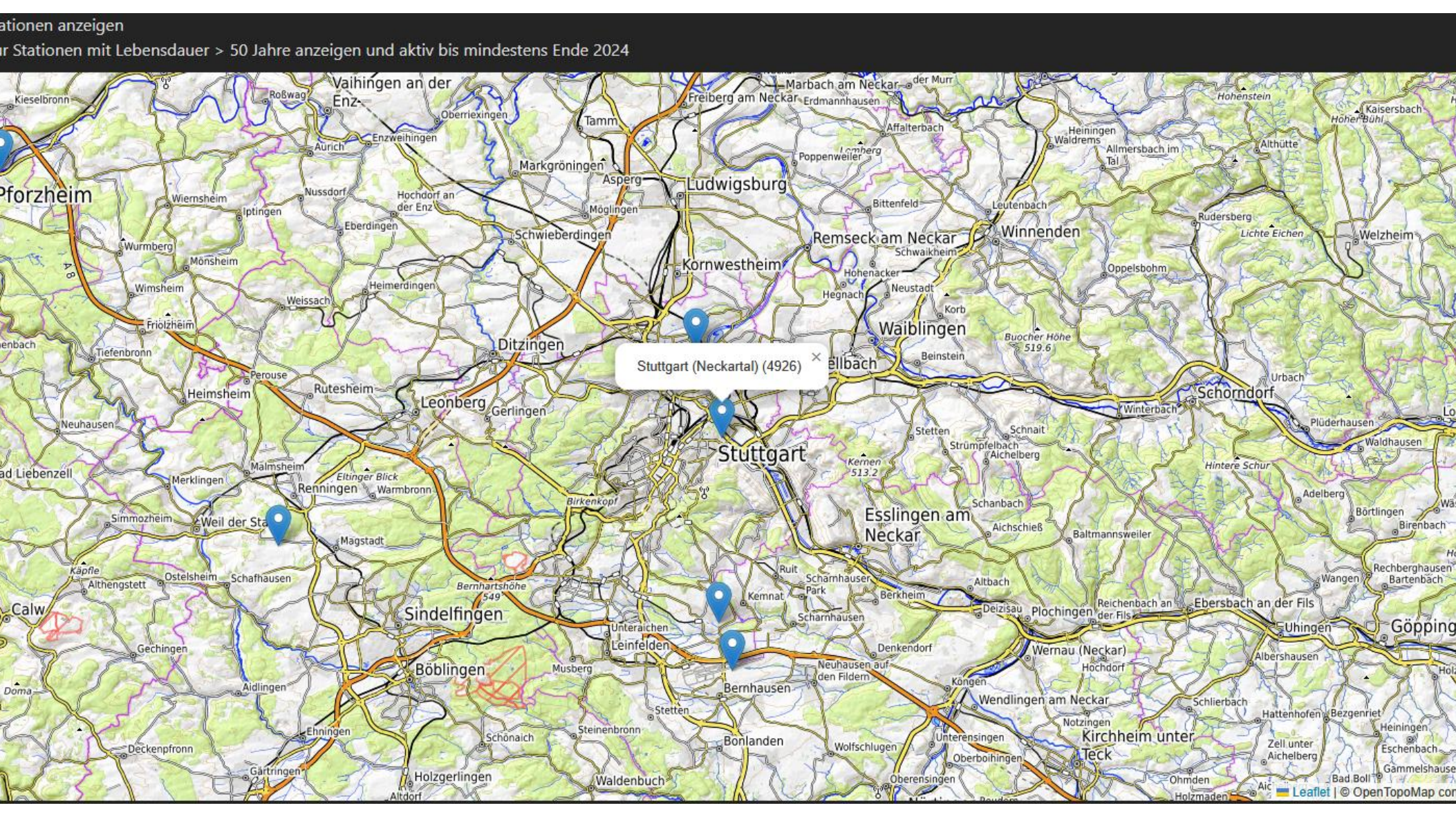 Zoom auf die Region Stuttgart im entwickelten Web-Portal