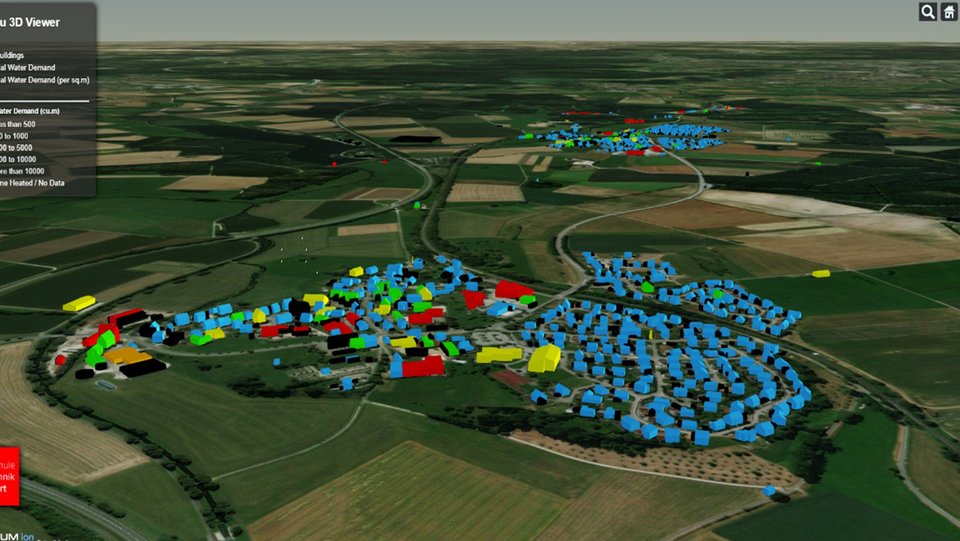 Visualisierung des Wasserbedarf in m³ pro Gebäude in der Gemeinde Rainau.